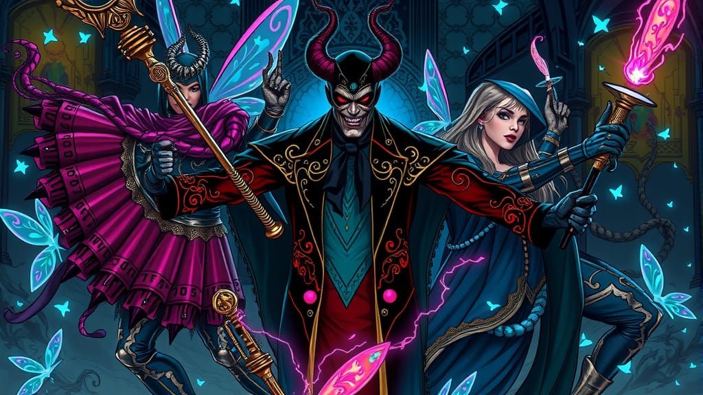 Supervillains and Fairies in Mystical Neon Landscape