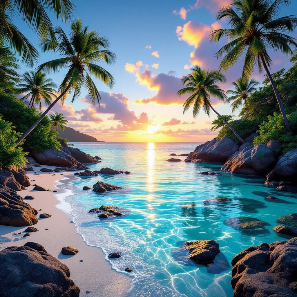 Twilight Tropical Bay Reflecting Sunset