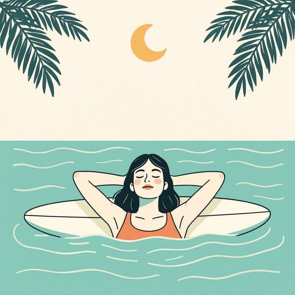 Minimalist Line Art: Surfer Under Moonlight