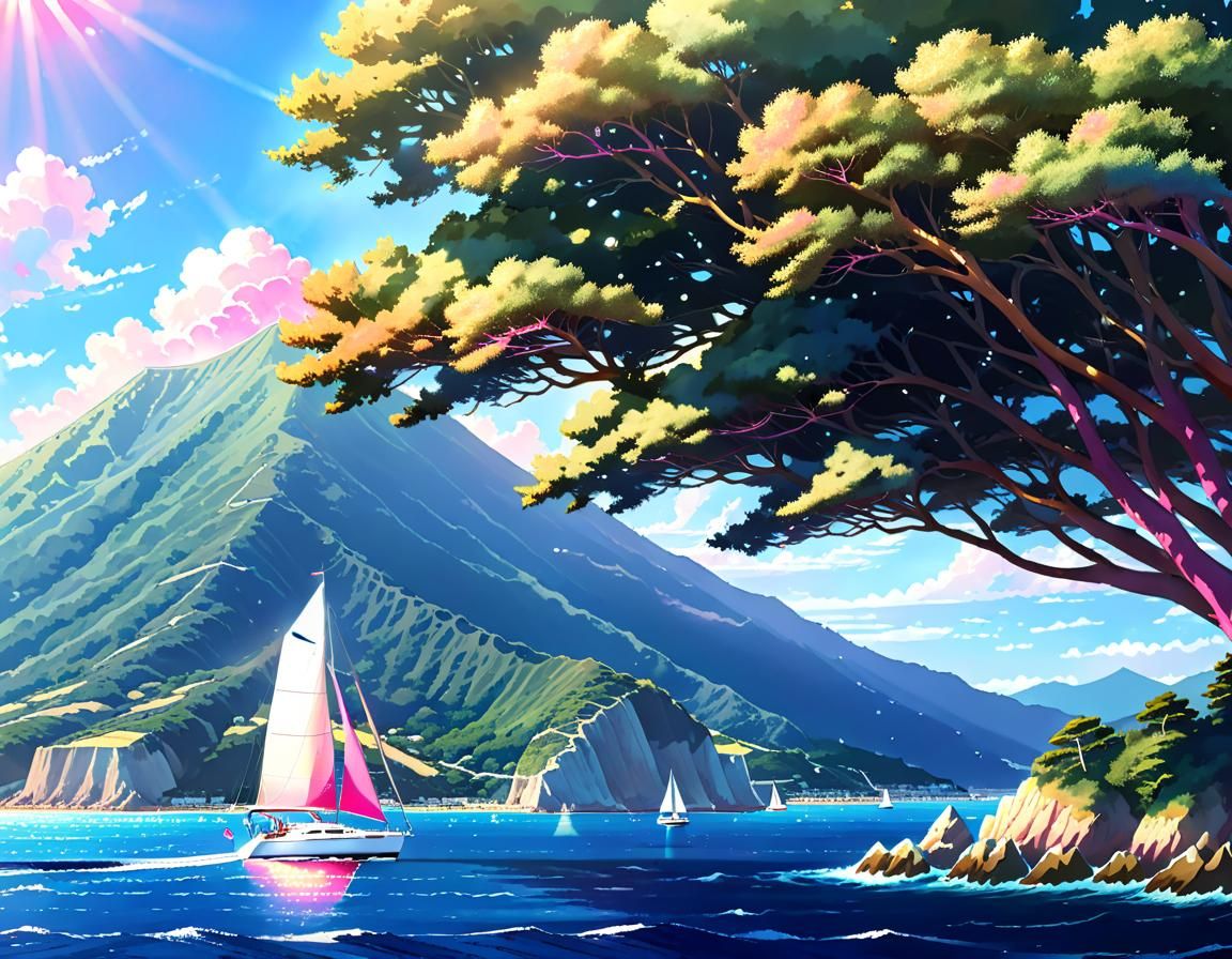 Anime Sailor Girl on Seto Sea in Watercolor Style