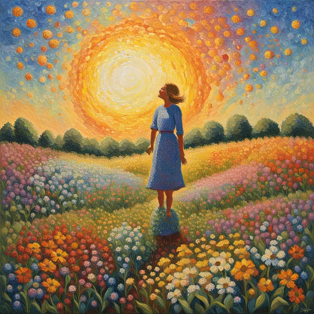 Smiling Figure in Wildflowers: Pointillist Oil Painting