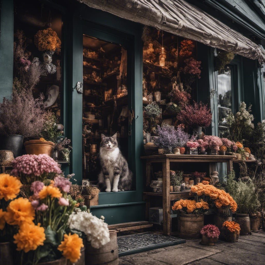 Witchy Cottagecore Flower Shop with Cat