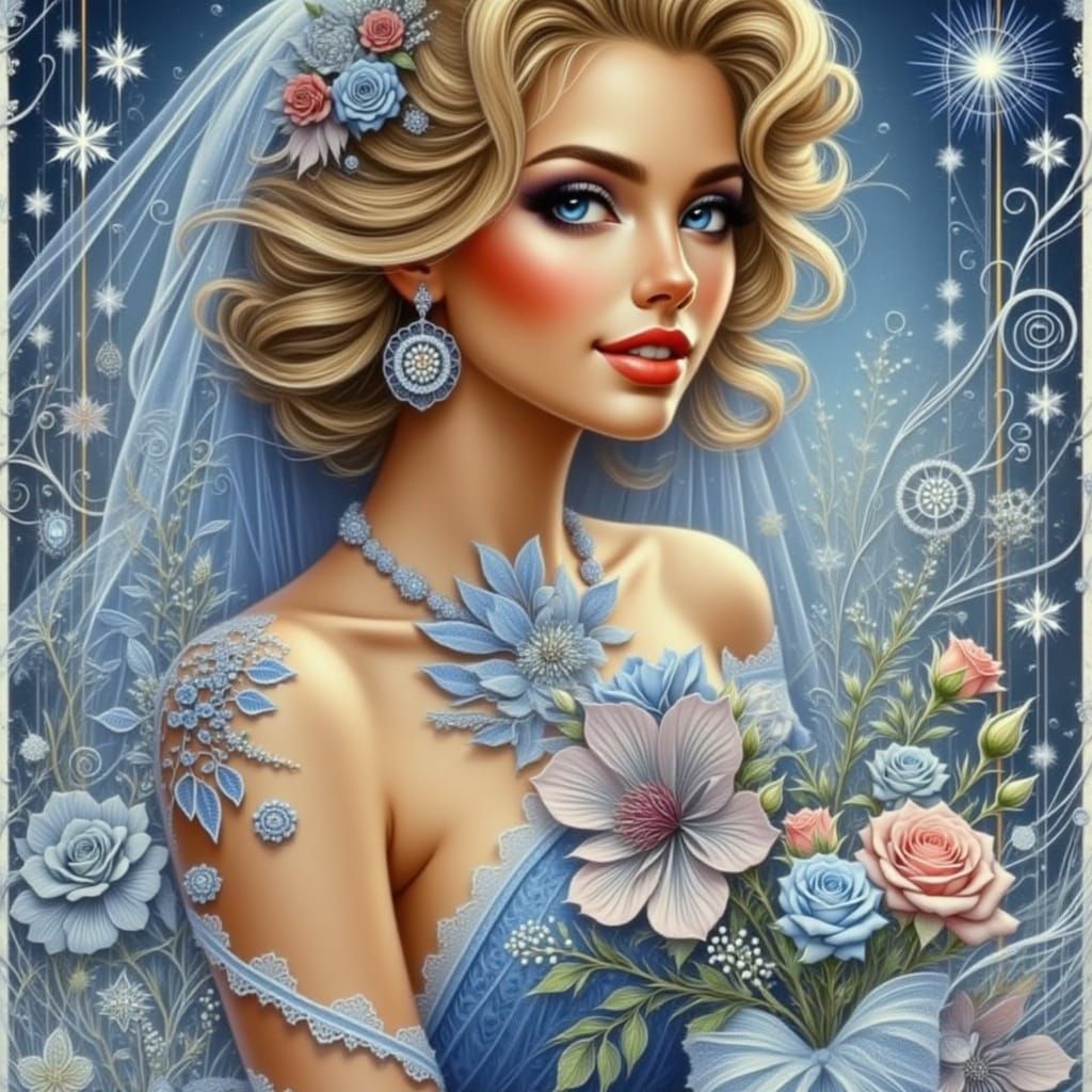 Elegant Woman in Silver Blue Pink Dress & Sandals