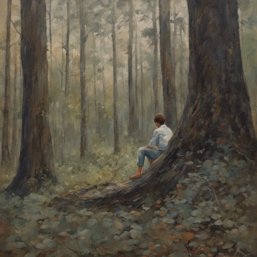 Melancholy Figure in Forest: Oil Painting