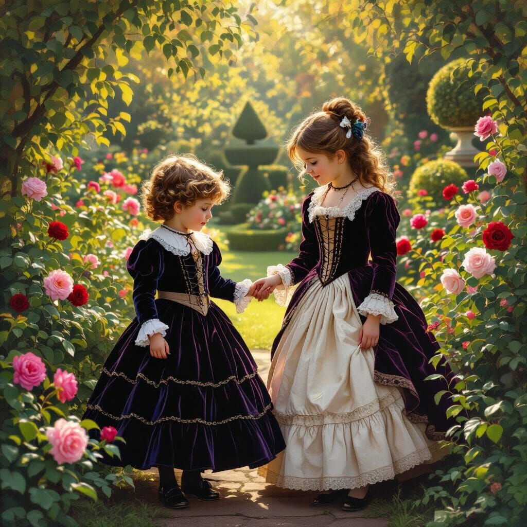 Victorian Children in Garden, Pre-Raphaelite Style