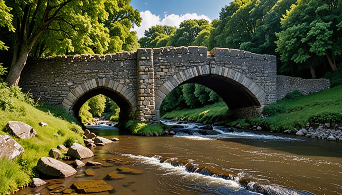 Medieval Stone Bridge Crossing a Mighty River