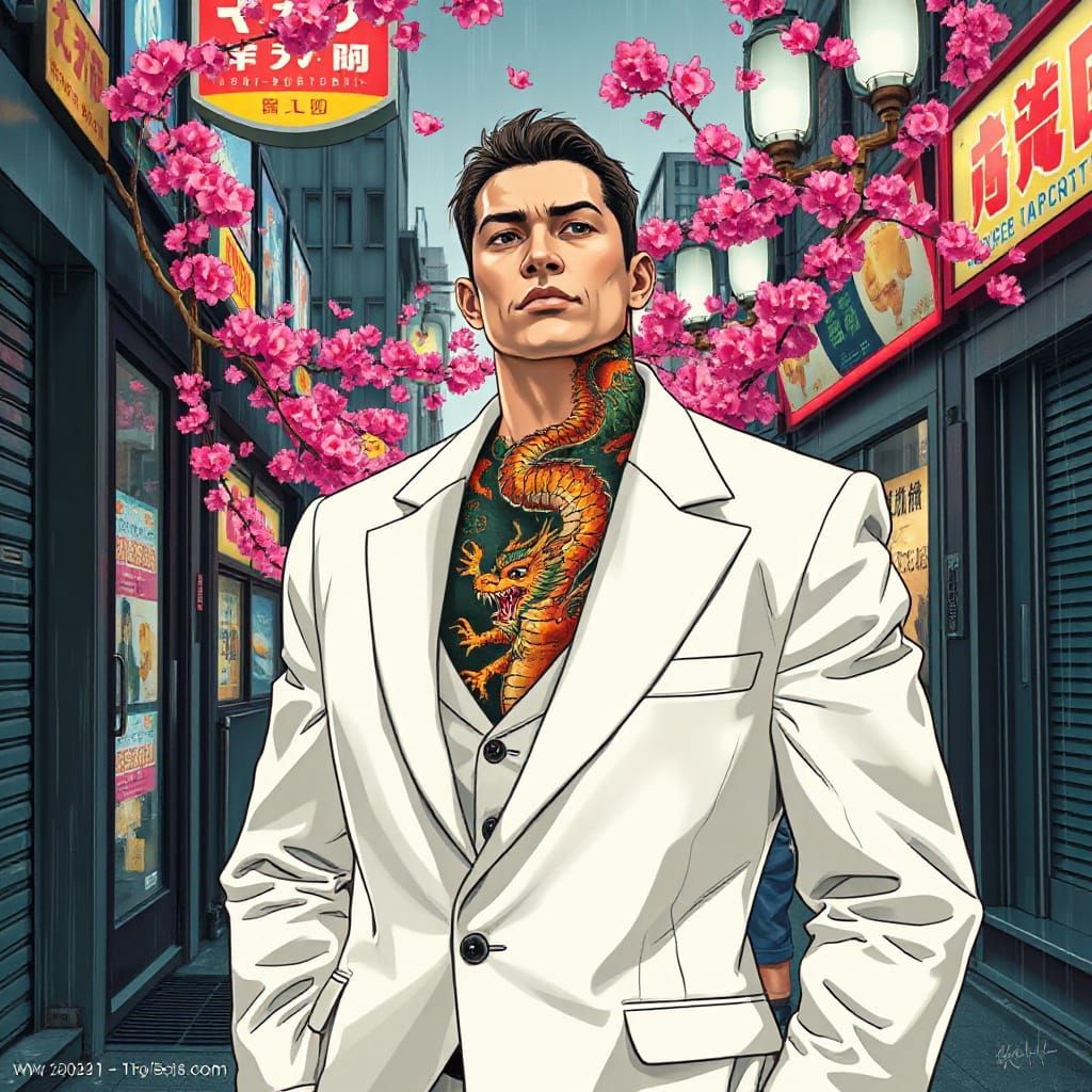 Anime-Style Yakuza Boss in Neon Tokyo Alleyway