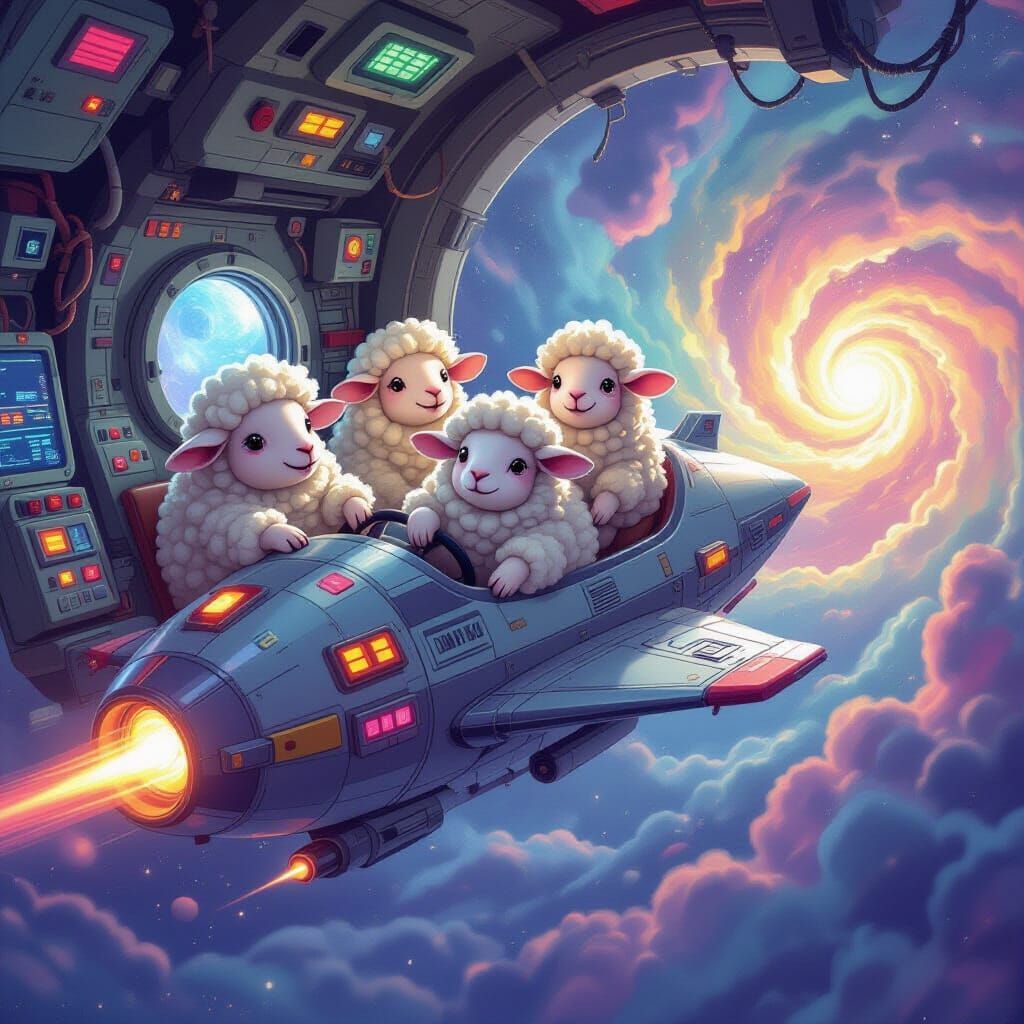 Fluffy Sheep Pilot Retro Spaceship Through Nebula