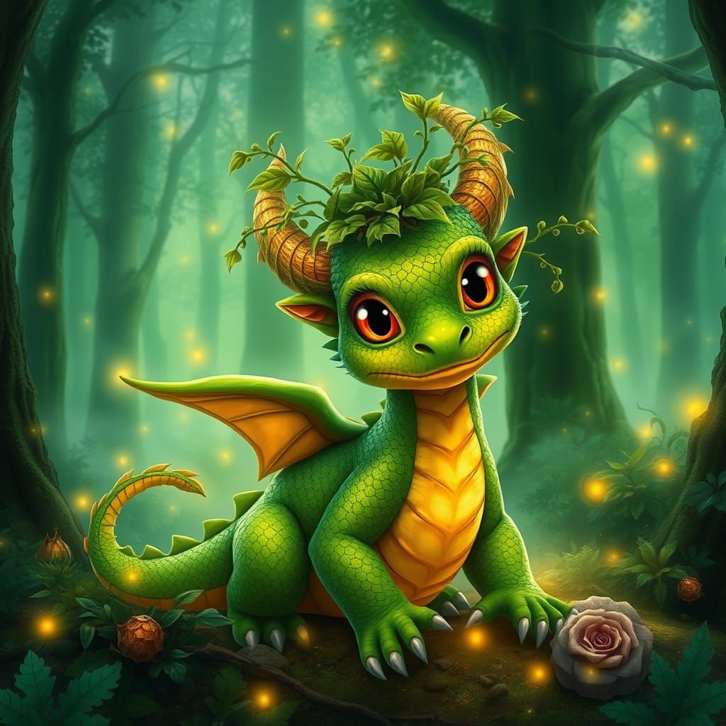 Whimsical Green Dragon in Lush Forest Scene