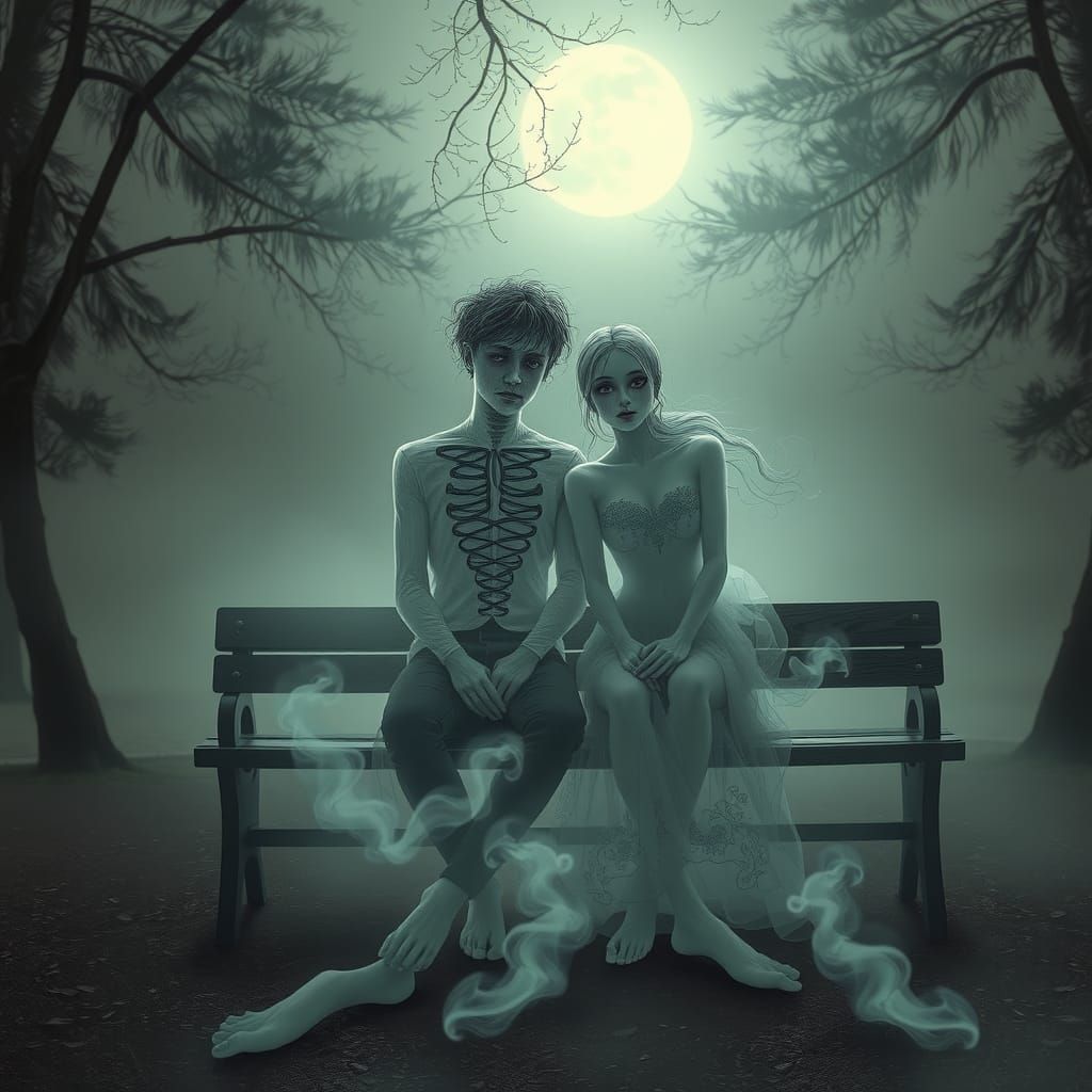 Ethereal Lovers in Moonlit Park: Gothic Vaporwave Art