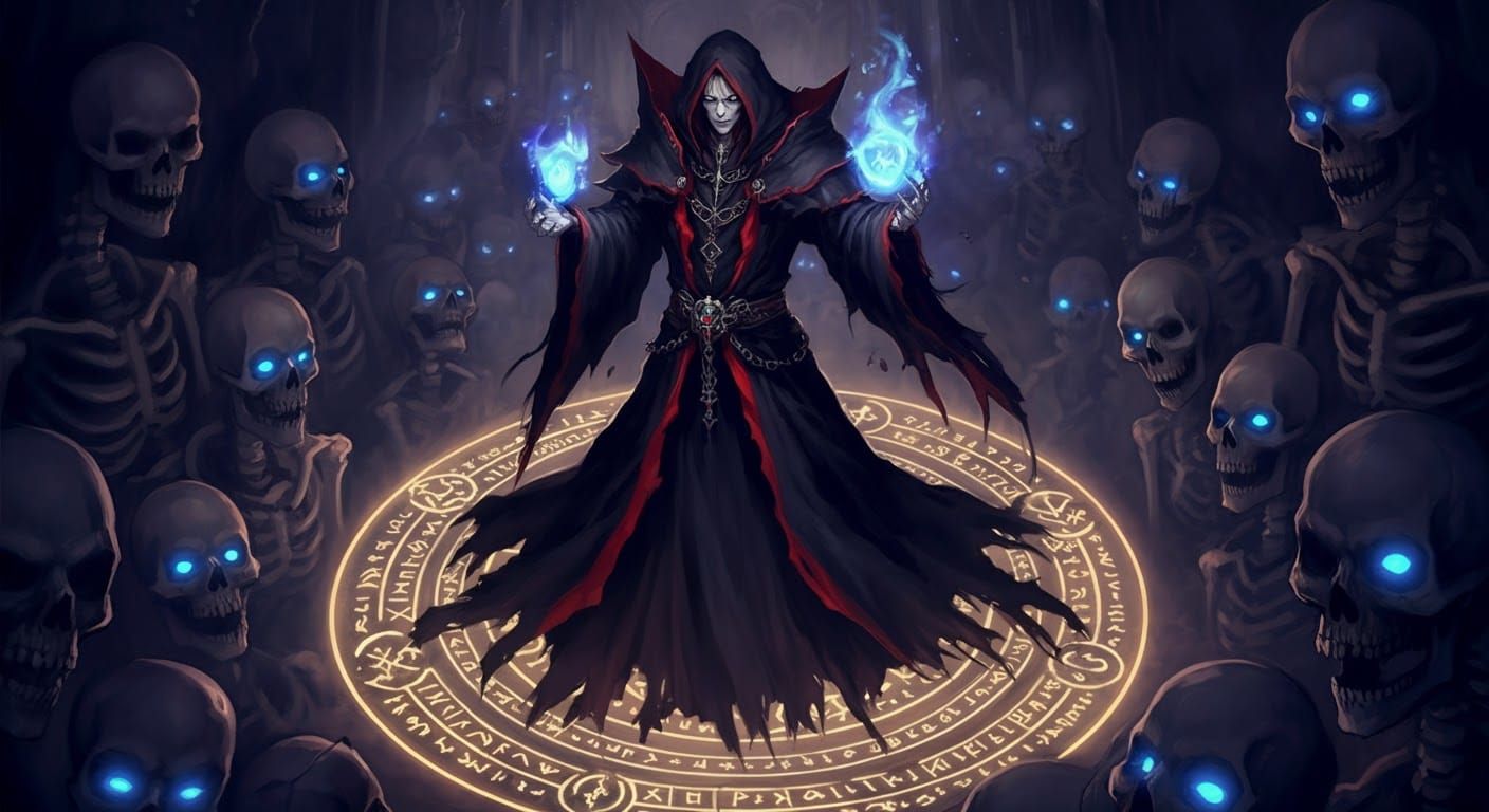 Anime necromancer mage, invocation circle, invocation squelettons