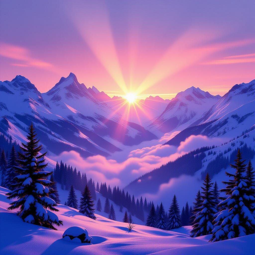 Dramatic Mountain Sunrise in Photorealistic Style