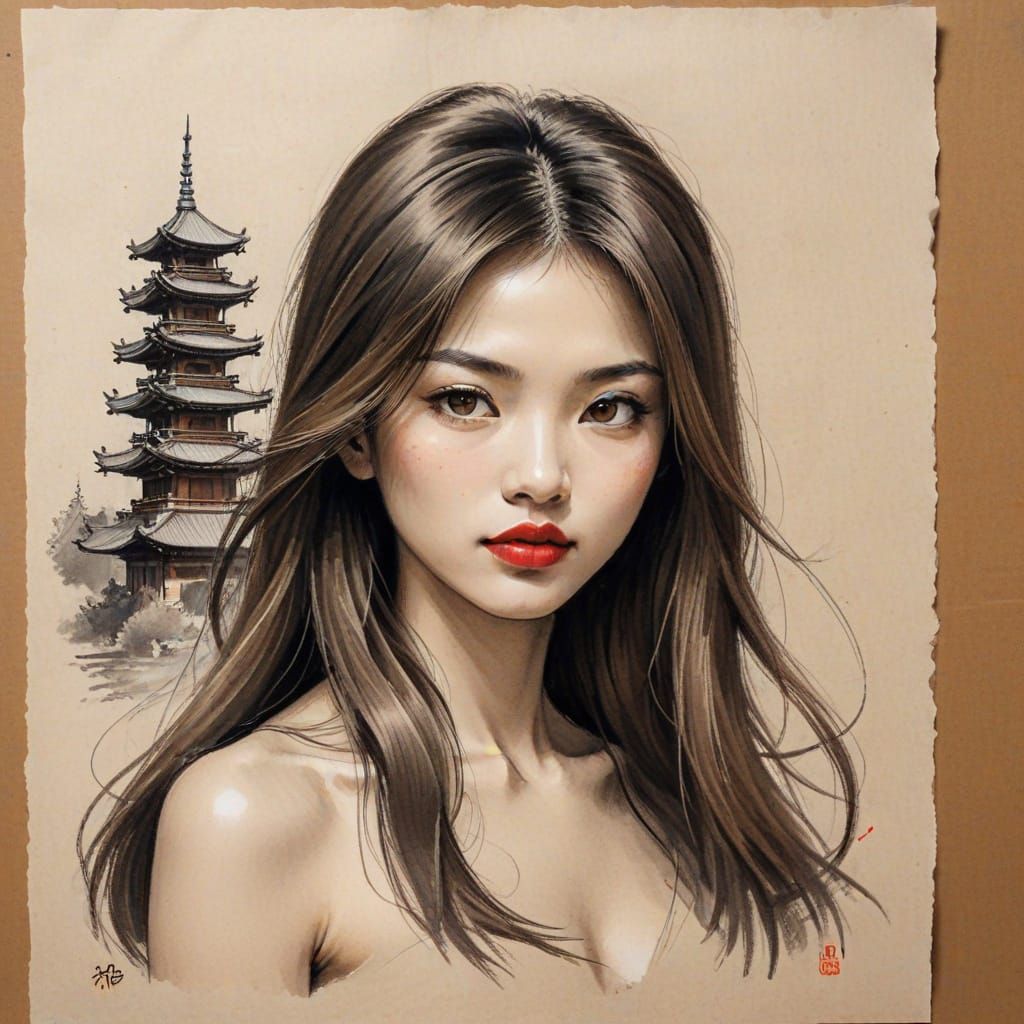 Ukrainian Japanese Beauty in Charcoal Sketch Style