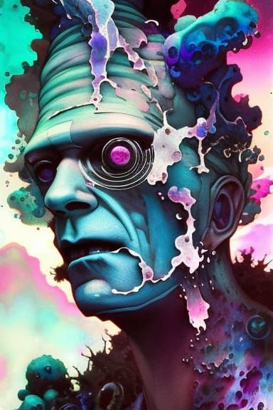 Vaporwave Frankenstein Portrait with Shattered Glass