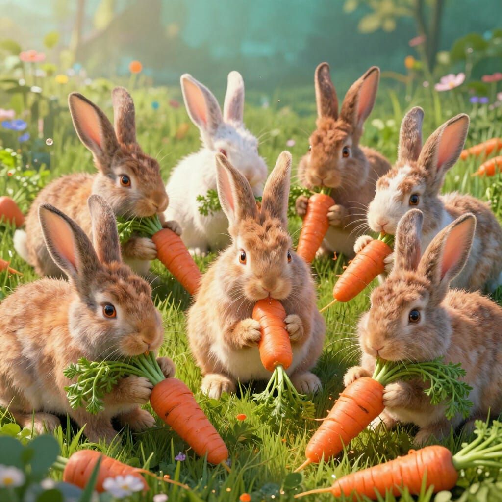 Fluffy Bunnies Nibbling Carrots in Sun-Dappled Meadow