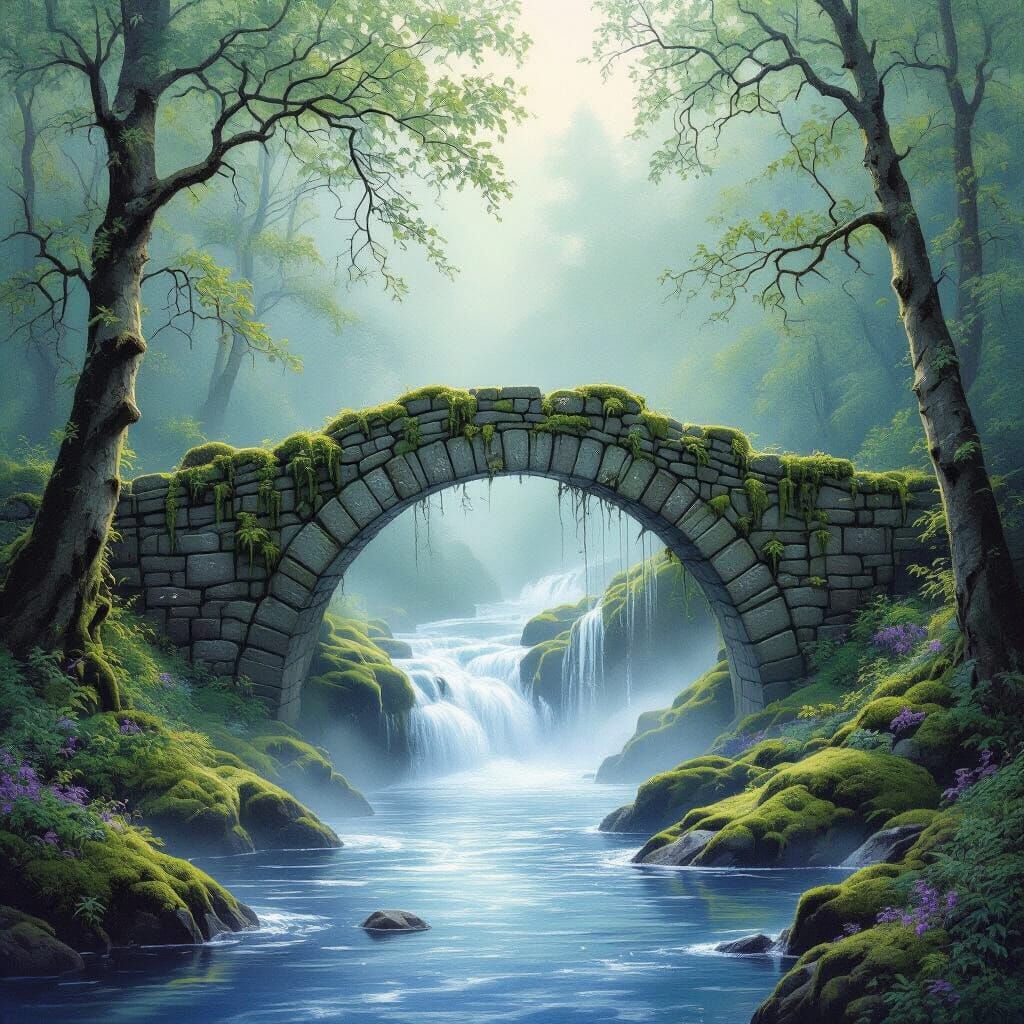 Serene Stone Bridge Over Waterfall in Pastel Hues