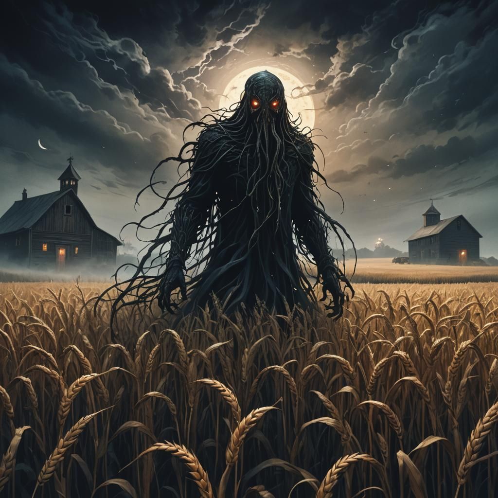Lovecraftian Entity in Wheat Field at Night