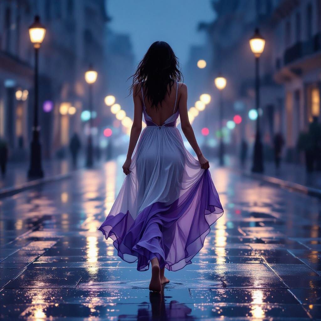 Midnight Rain: Woman in Flowing Dress, Art Nouveau Style