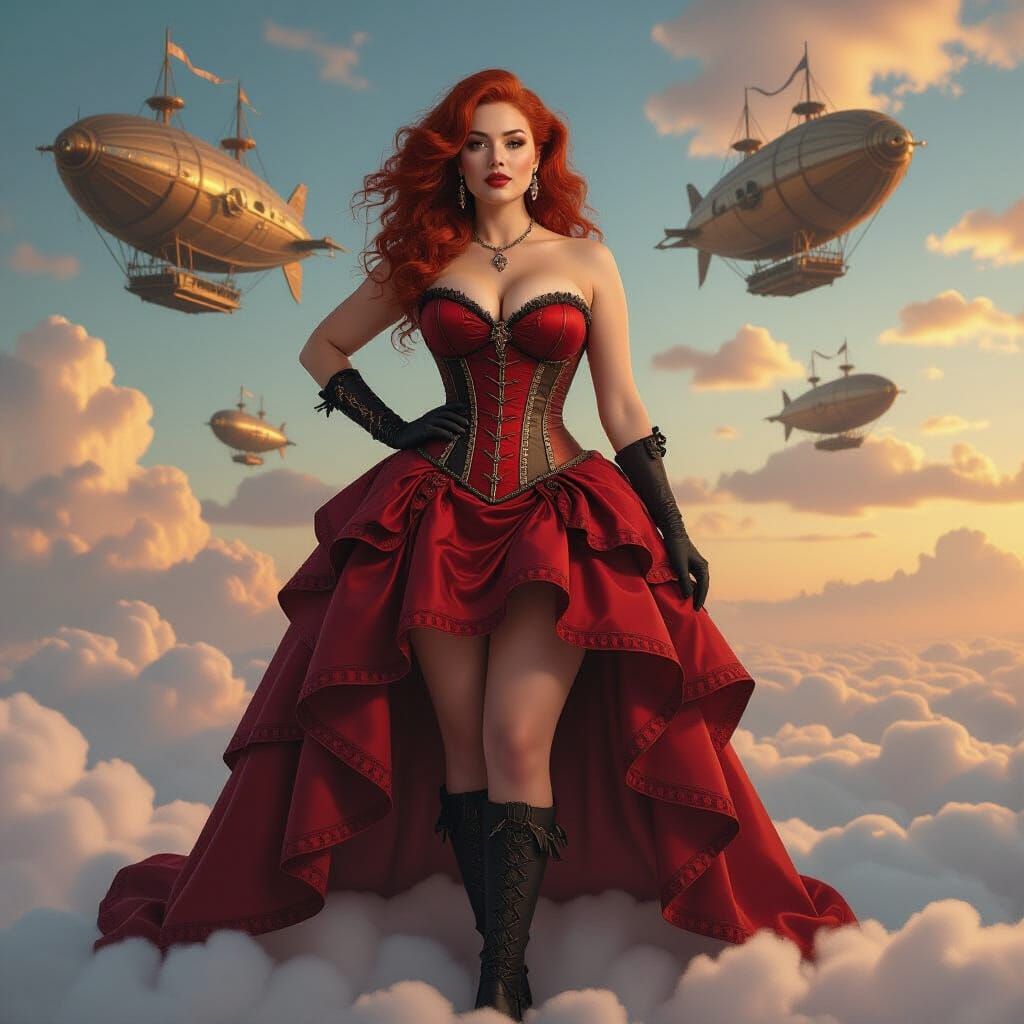 Steampunk Woman on Cloud Platform with Airships