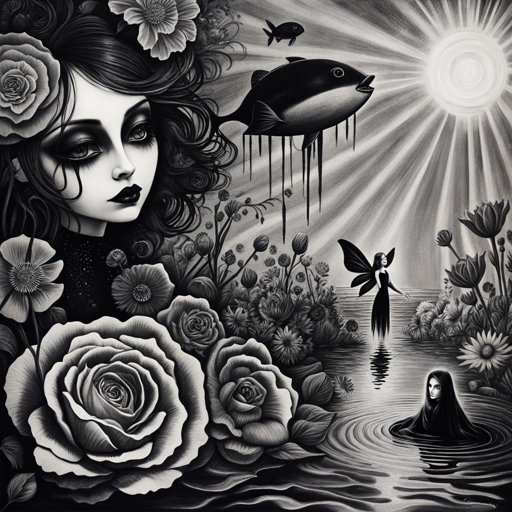 Surreal Crayon Drawing: Goth Chibi in Black Water