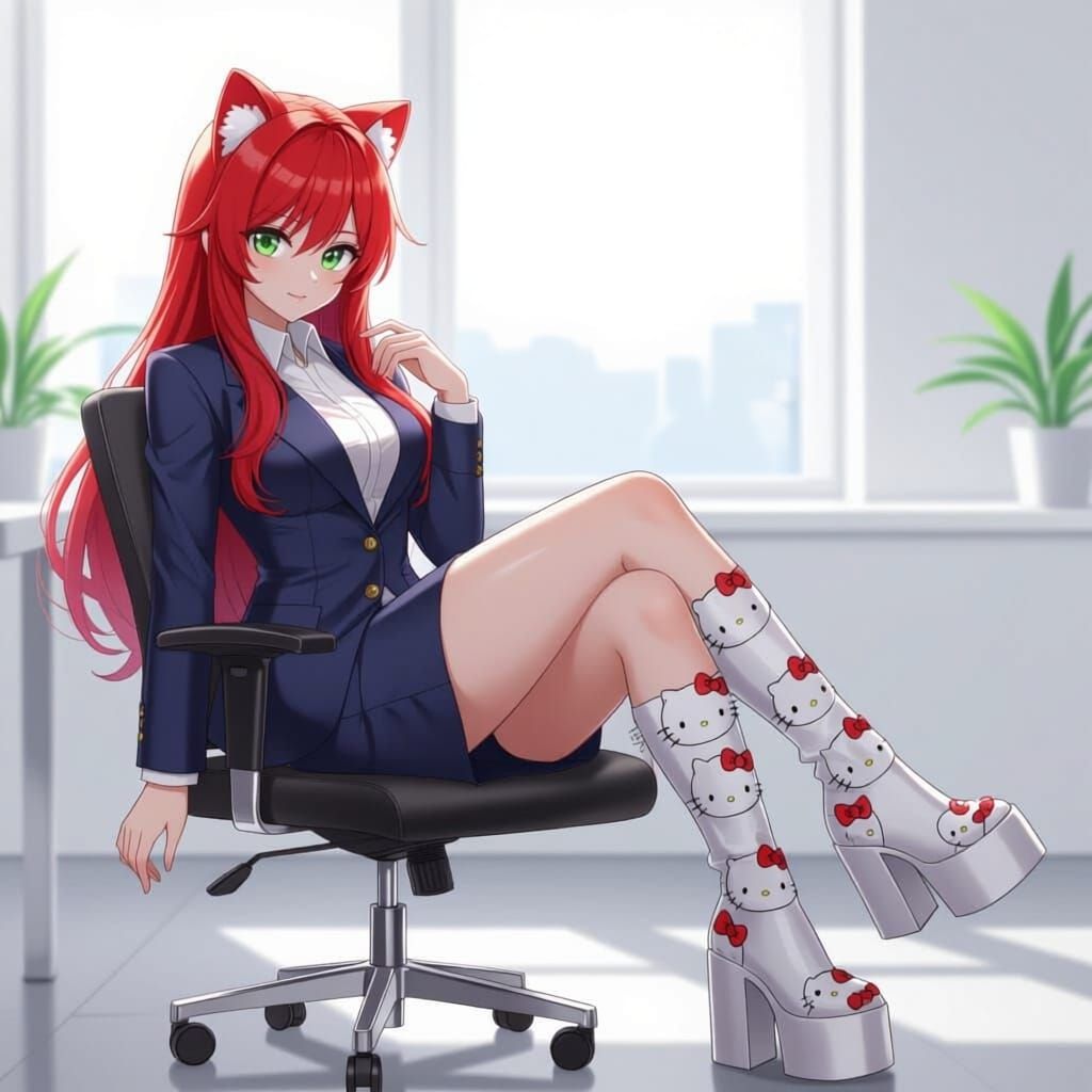 Cute Woman in Office Suit with Hello Kitty Boots