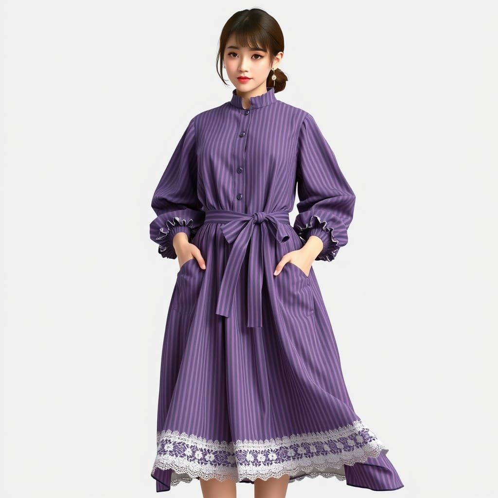 Prairie-Inspired Modest Dress with Purple Plaid and Lace Det...