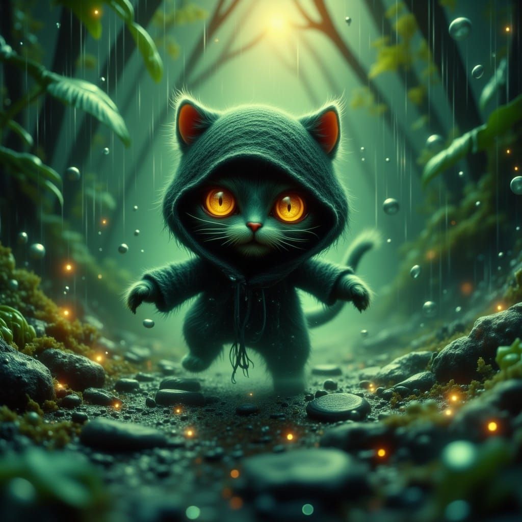 Whimsical Ninja Cheshire Cat in Dark Rainforest Arena, Grung...