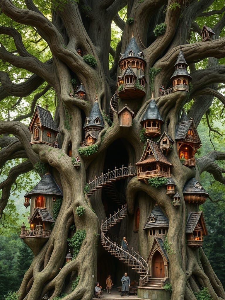 Ancient Treehouse Metropolis in Whimsical Fantasy Style