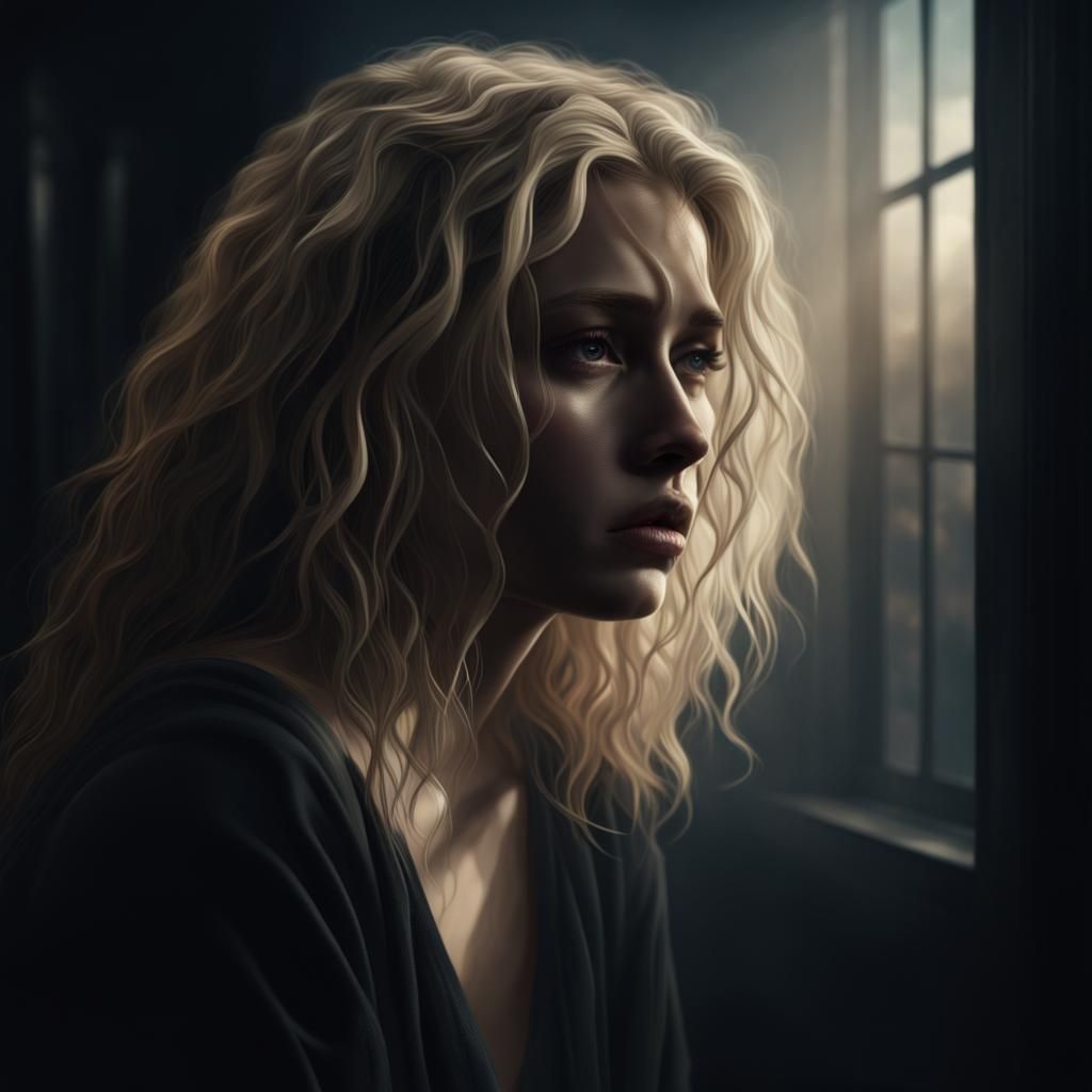 Sad Young Woman Crying in Shadows: Digital Matte Painting