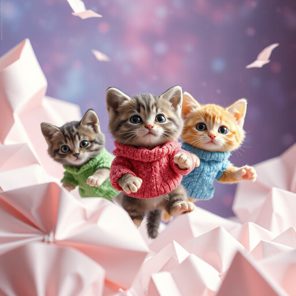 Kittens Floating Through Nebula in Papercraft Style