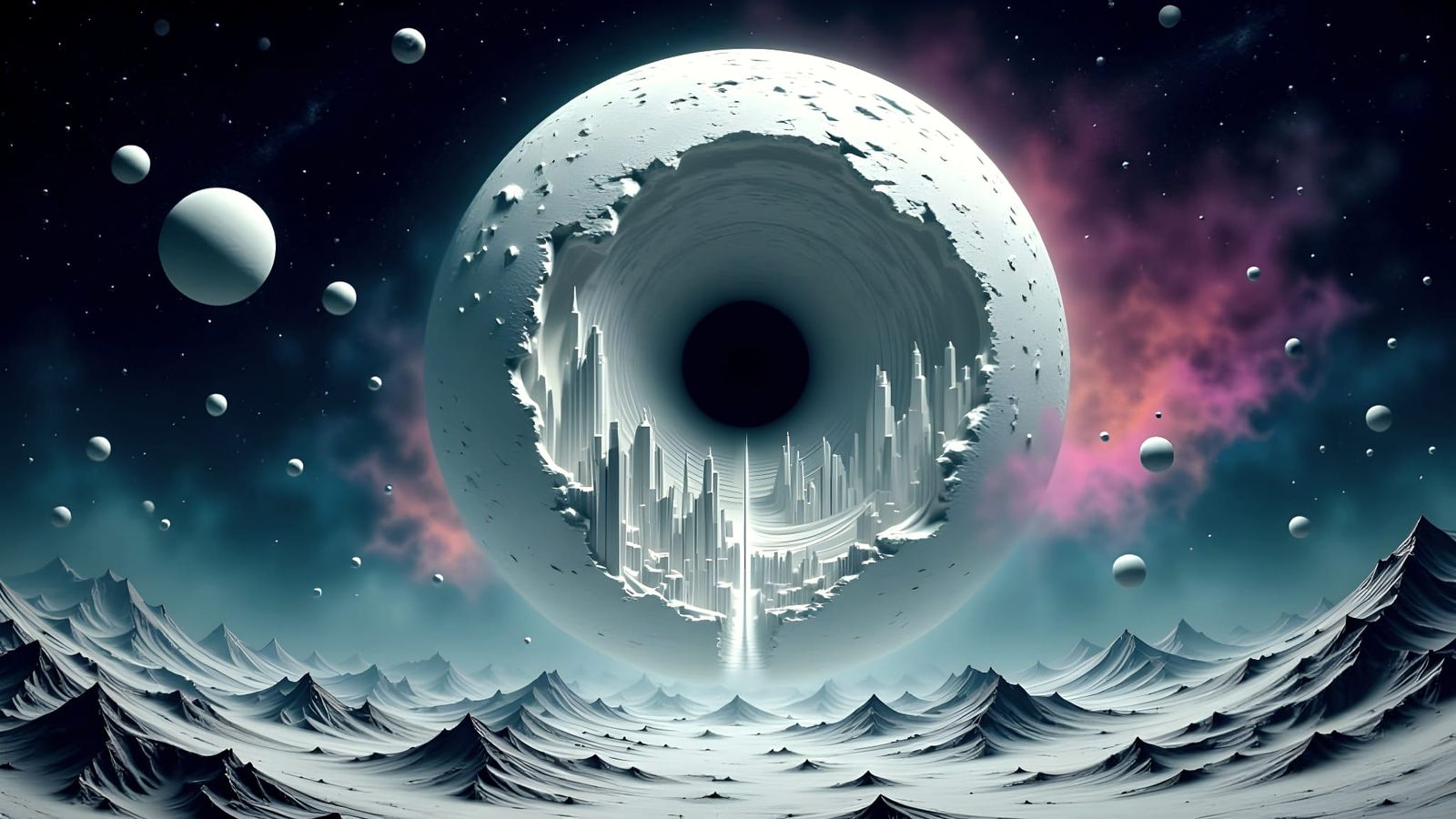 Futuristic Lunar City Carved Inside Hollow Moon