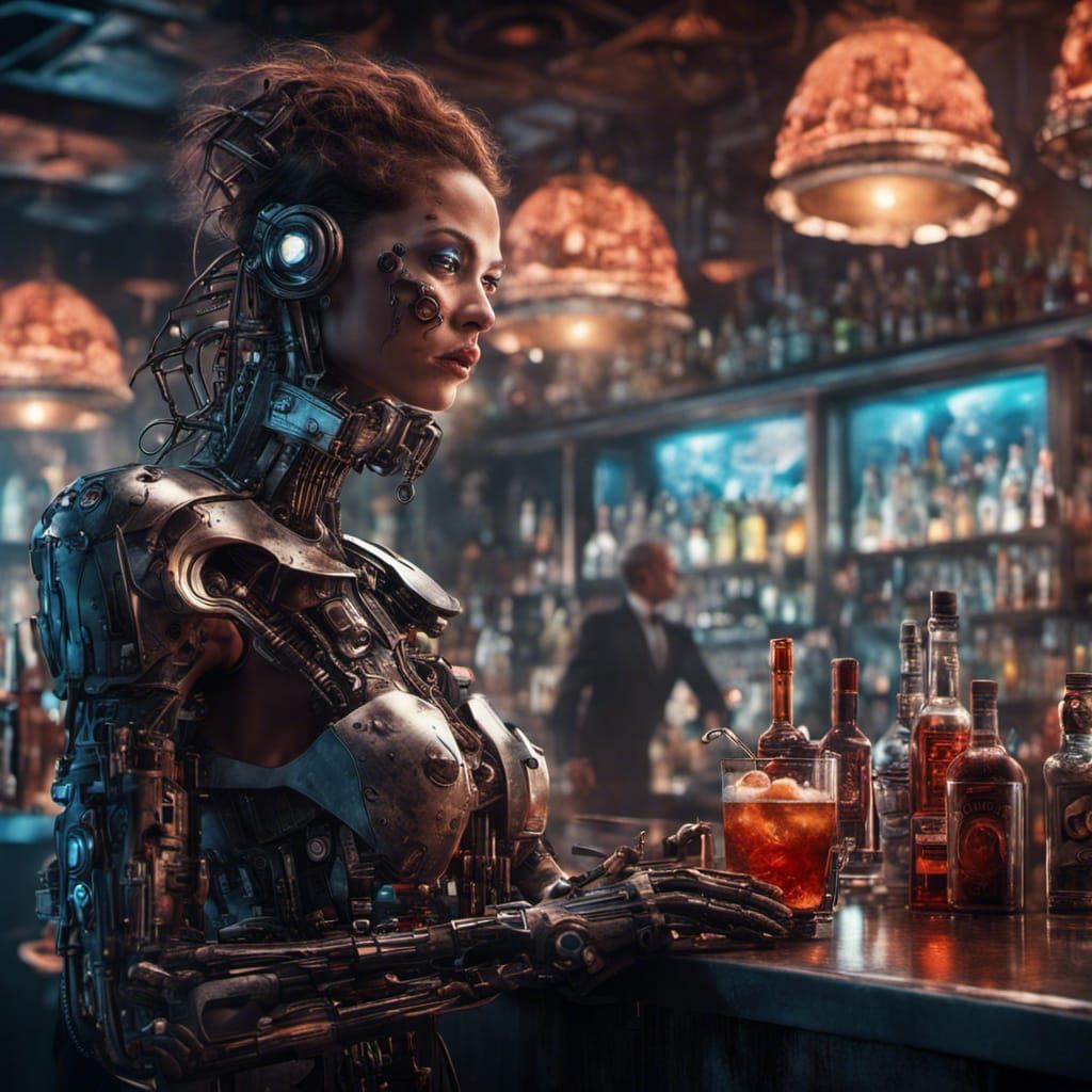 Epic Cyborg Bartender Digital Matte Painting