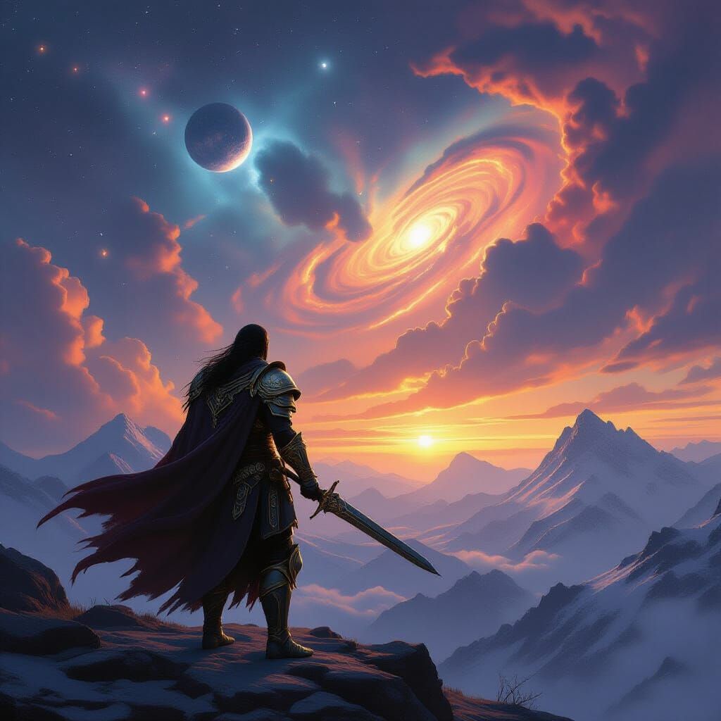 Warrior on Mountain Peak Gazing at Cosmic Sky in Epic Fantas...
