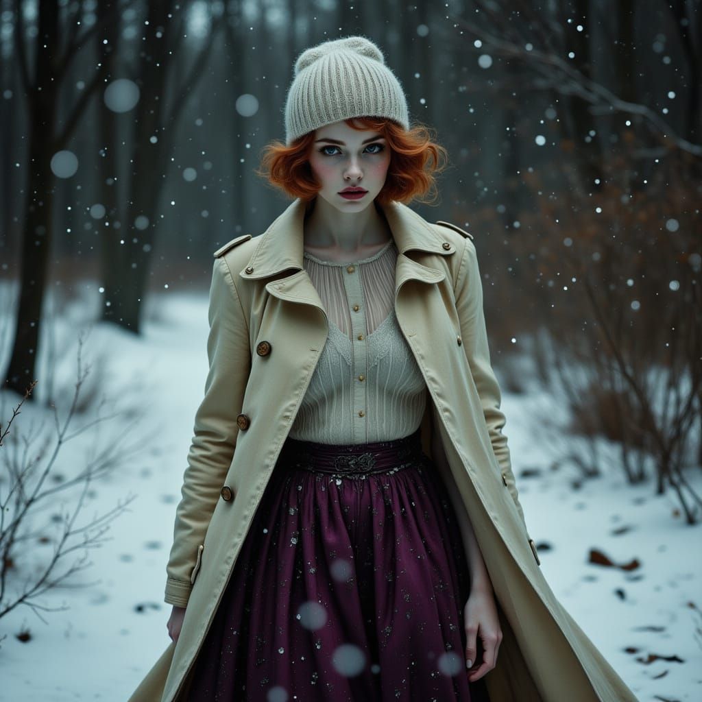 Gothic Elegance: Woman in Snow, Film Noir Style