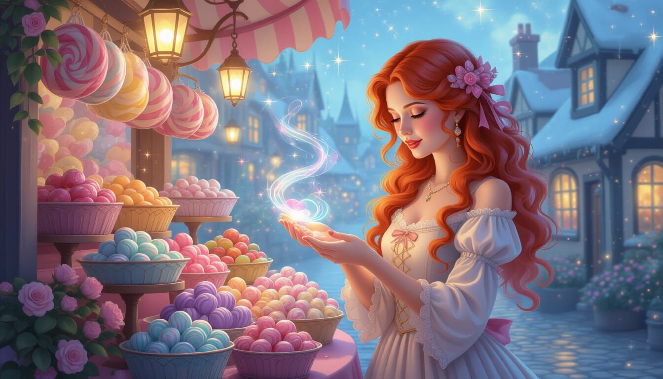 Enchanting Red-Haired Candy Seller with Magical Aura