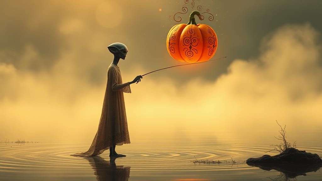 Alien Angler in Dreamlike Lakeside Landscape