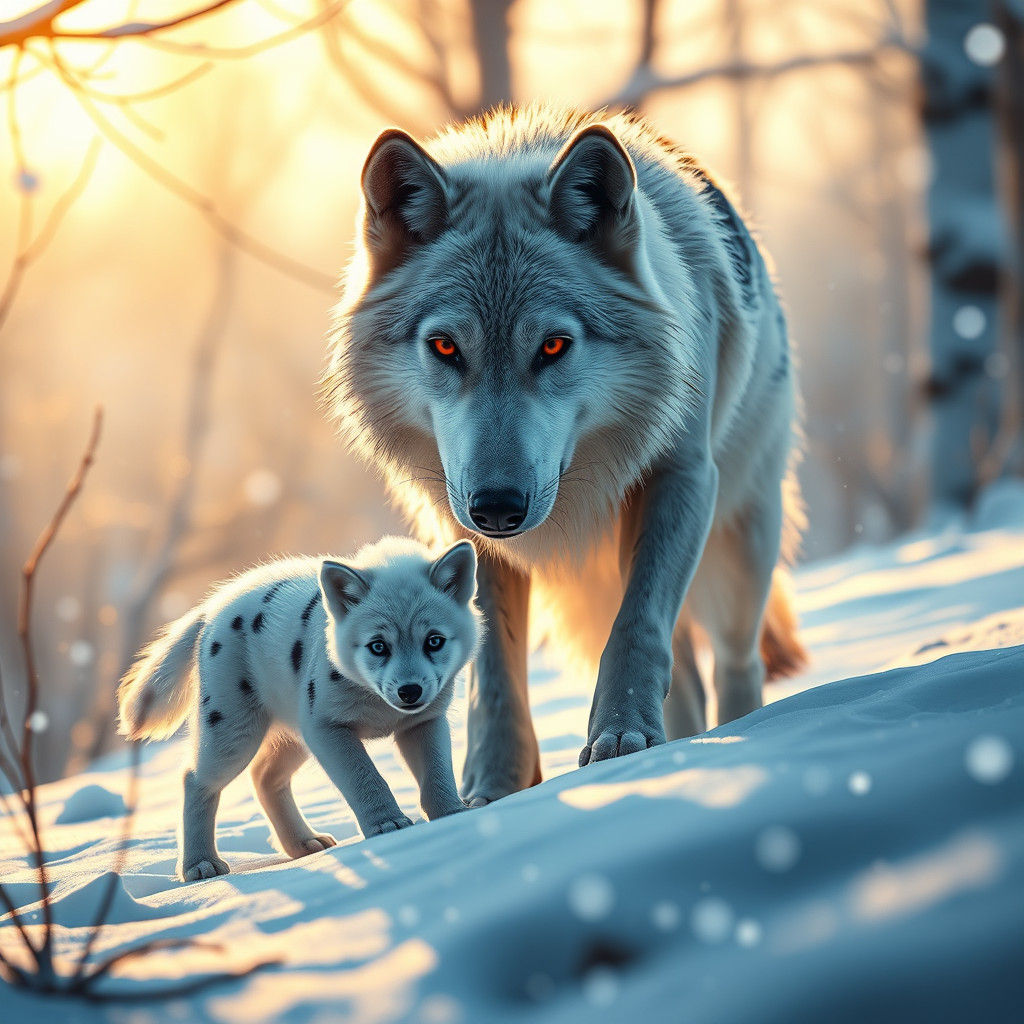 Wolf and Pup Stalking Deer in Winter Wonderland