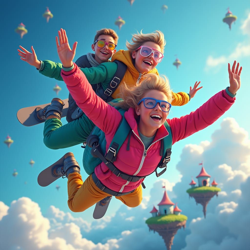Skydiving Friends in a Fantasy Landscape Painting