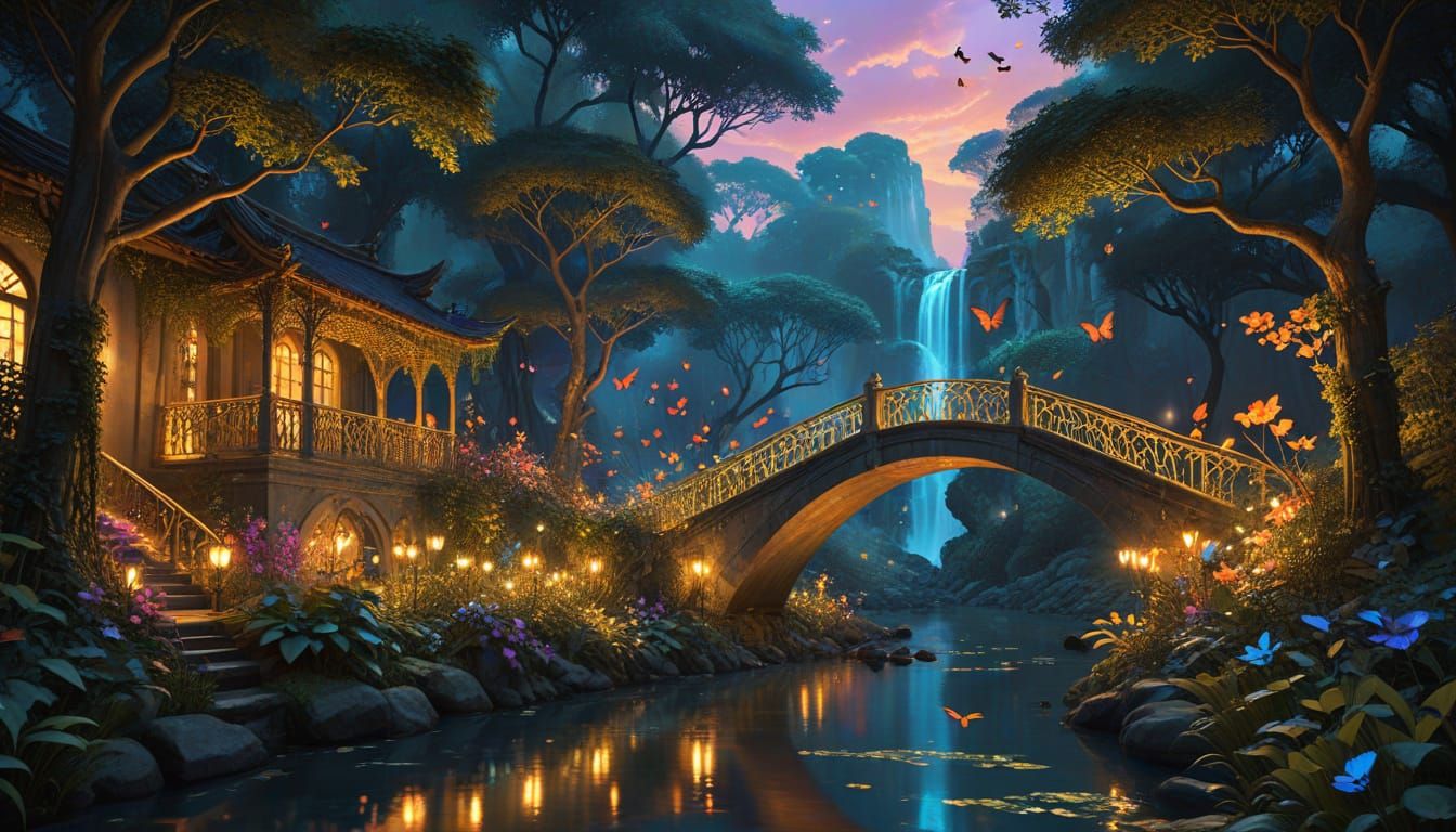 Golden Stone City Overgrown with Nature and Waterfalls