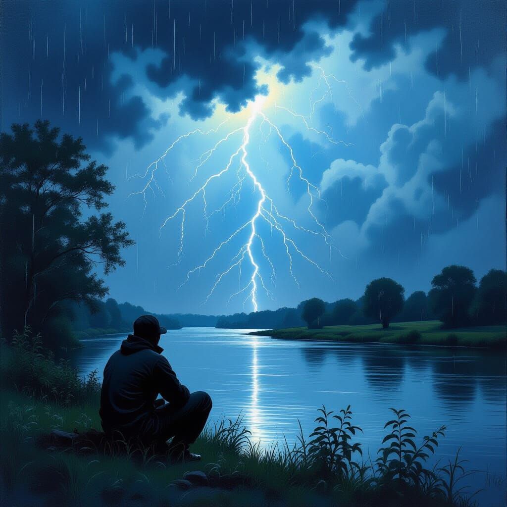 Fantastical Riverbank Scene with Thunderbolts and Rain