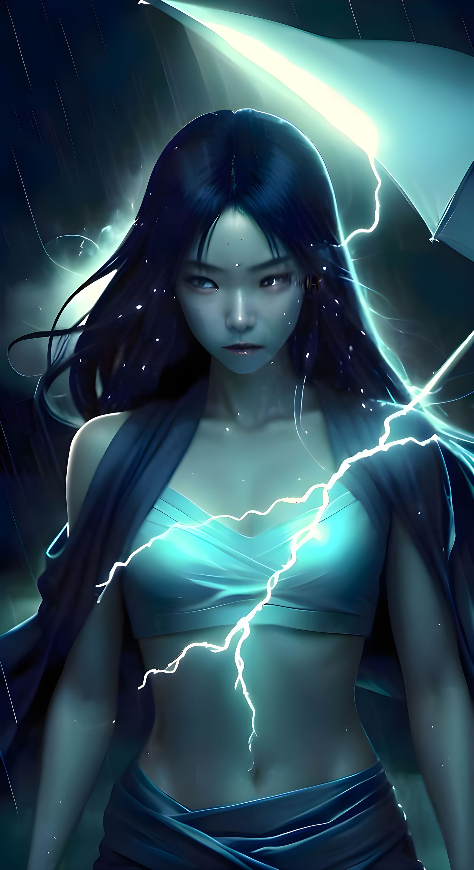 Ethereal Blue-Skinned Superheroine in the Rain