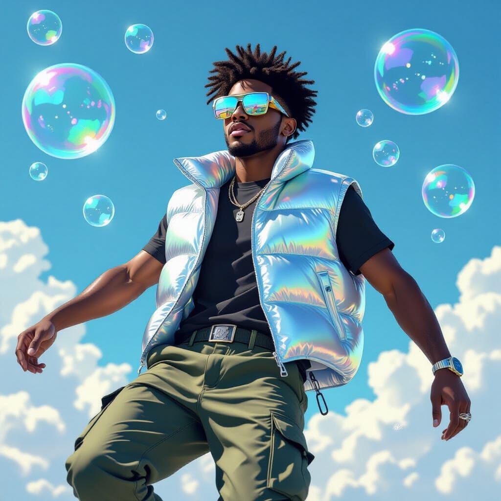 Surreal Digital Art of Man Floating Among Iridescent Bubbles