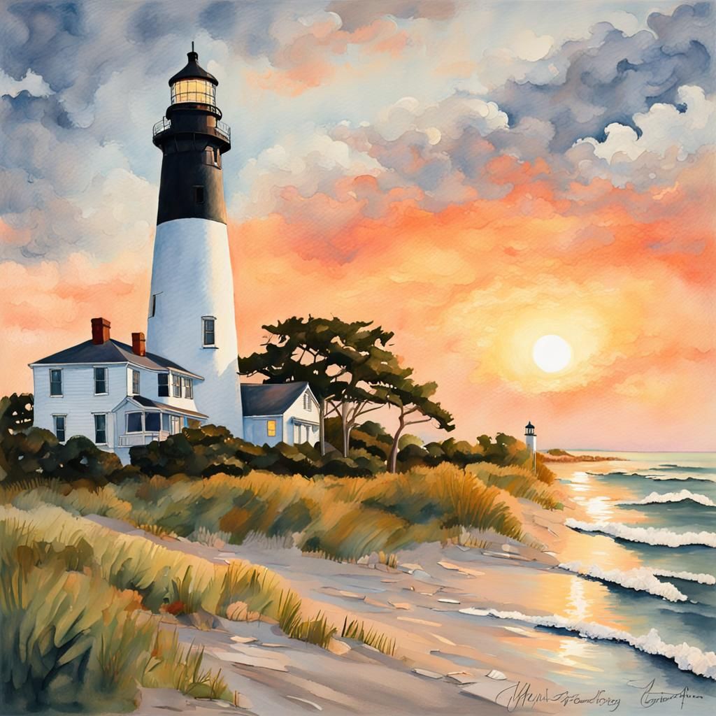 Ocracoke Lighthouse Sunrise in Gouache Style