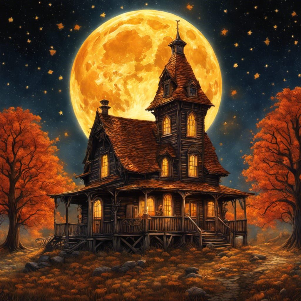 Gothic Autumn Cabin Under Harvest Moon