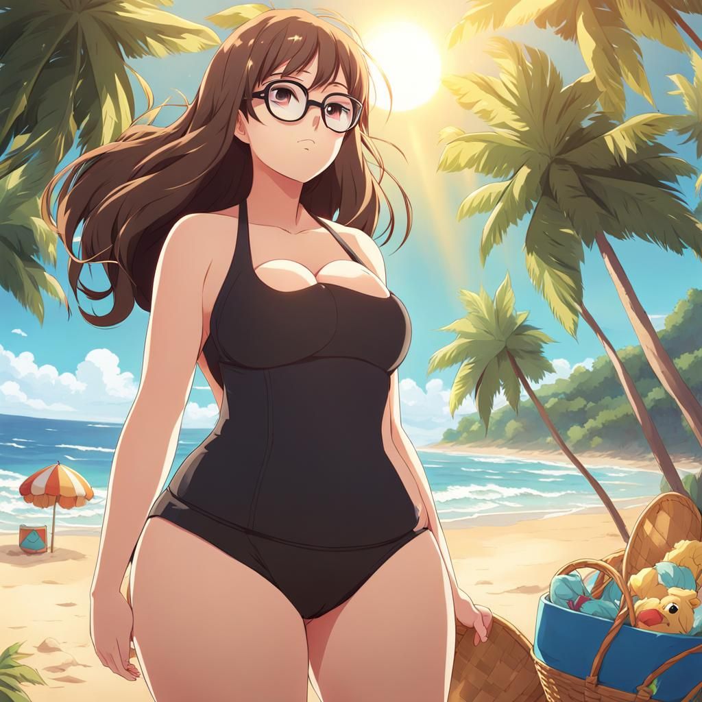 Chubby Anime Girl with Glasses at the Beach