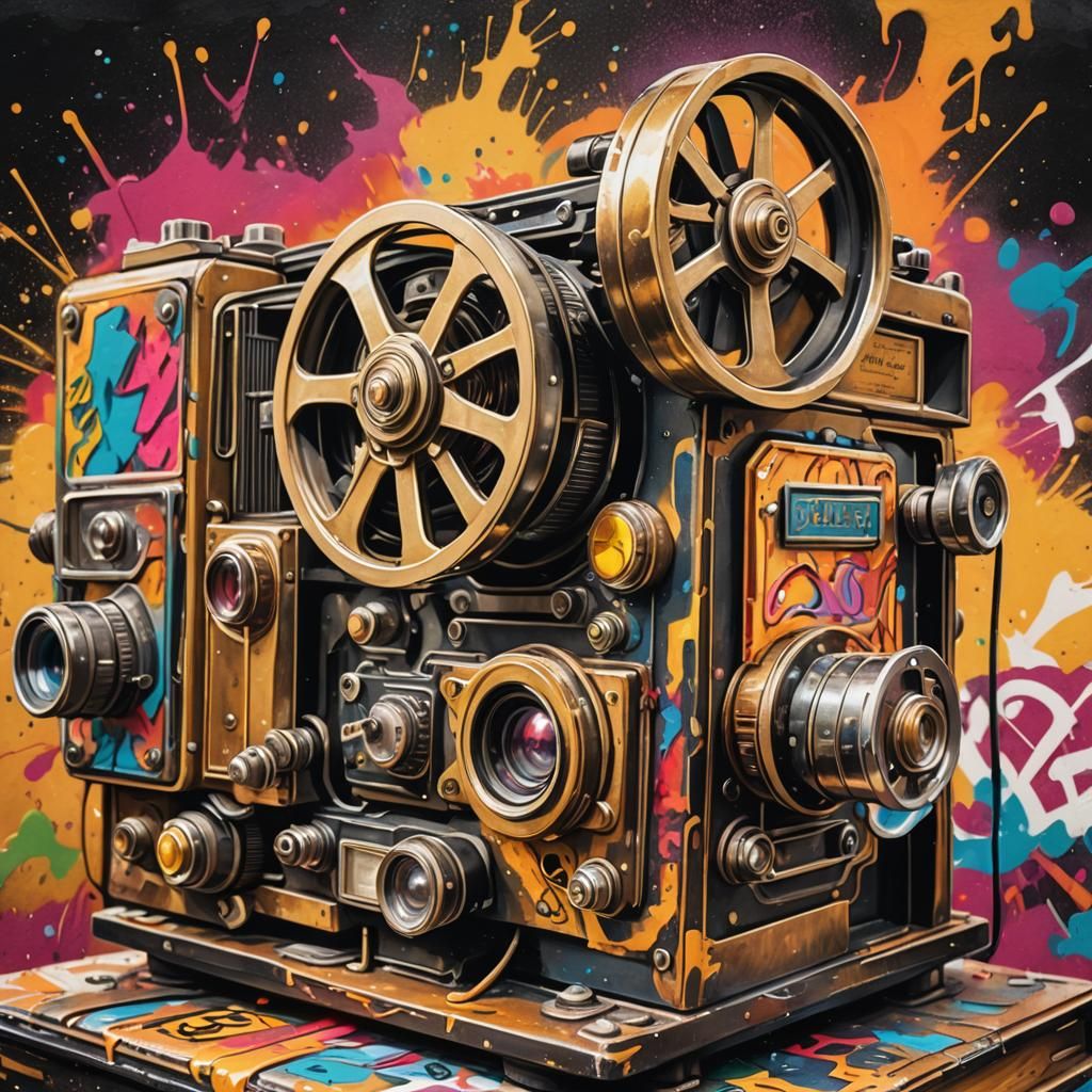 Graffiti-Covered Vintage Film Projector Book in Street Art S...