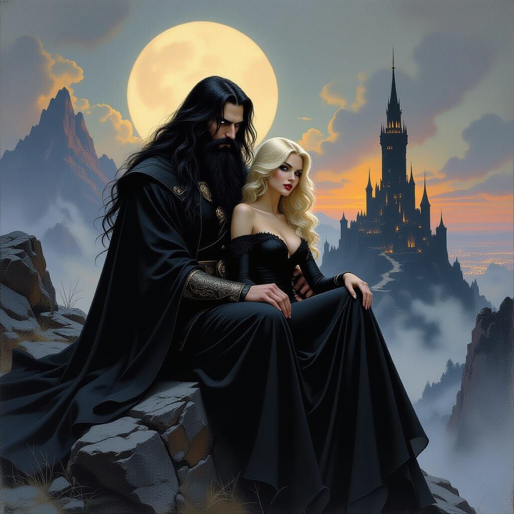 Dark Wizard Surveys Kingdom in Dark Fantasy Style