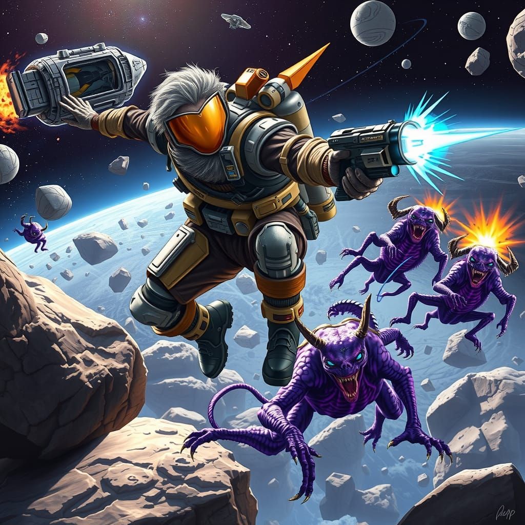 Space Mercenary Leaping Through Asteroid Field