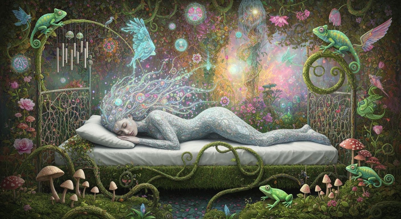 Ethereal Woman Asleep in Bioluminescent Garden