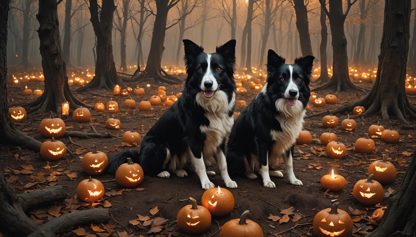 Menacing Border Collie in Dark Autumn Forest